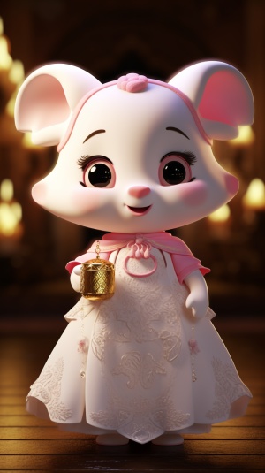 A little white calf in a soft Chinese Tang Dynasty Chinese costume, super cute, cinematic lighting, intricate filigree design, Pixar style, anthropomorphic, holding a pink lantern, big eyes, smile, peach blossom, flow, charming, immortal, fluffy, shiny bristles, ptals, fairy tale, unreal engine 5 and octane rendering, incredibly detailed, 4K, trending in art station, gorgeous, Super wide angle, 4K ar 10:16 test video upbeta upbeta