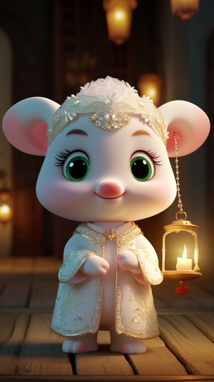 A little white calf in a soft Chinese Tang Dynasty Chinese costume, super cute, cinematic lighting, intricate filigree design, Pixar style, anthropomorphic, holding a pink lantern, big eyes, smile, peach blossom, flow, charming, immortal, fluffy, shiny bristles, ptals, fairy tale, unreal engine 5 and octane rendering, incredibly detailed, 4K, trending in art station, gorgeous, Super wide angle, 4K ar 10:16 test video upbeta upbeta