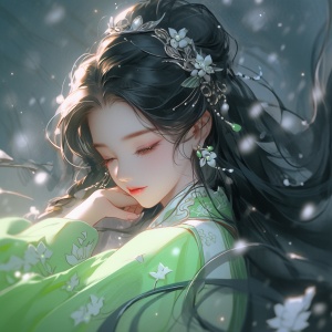 中国女生穿宋制汉服，漂亮的耳坠与飘逸长发，微笑中散发仙气，伴随着发光的萤火虫与飘落的桃花，在雪天中呈现出中国插画风的水墨电影质感