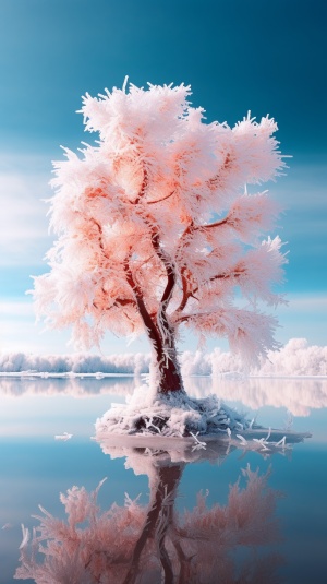 a tree made of ice on top of a lake, in the style of colorful animation stills, i cant believe how beautiful this is, white and bronze, vibrant airy scenes, mesmerizing colorscapes, whimsical cartoonish scenes, beautiful