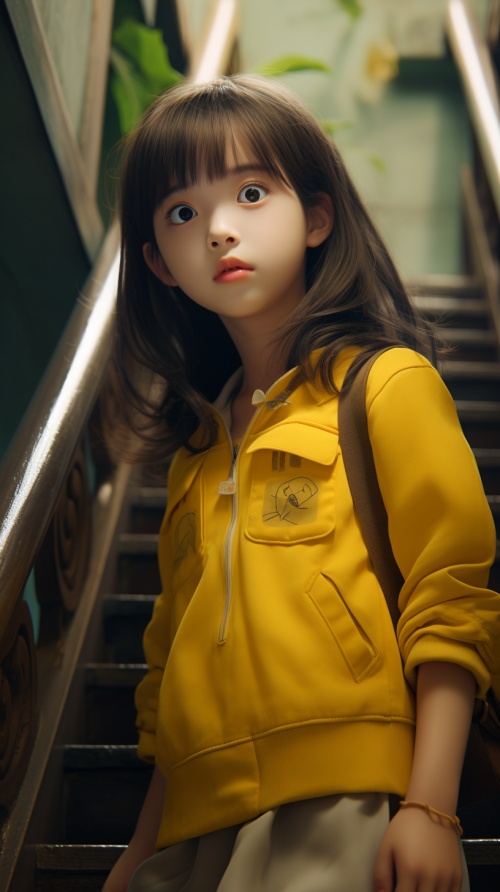 中国小女孩穿着黄色衬衫站在台阶上，以快照美学的风格，详细的五官，何家英，汉娜花，彩色，网络摄像头摄影，天真的魅力