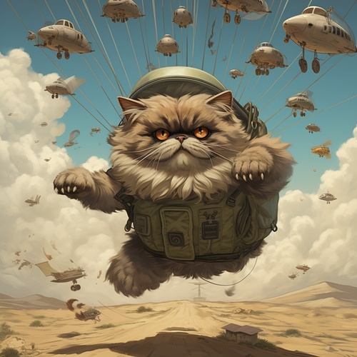 Persian cats, fat, fly like jets, cartoon