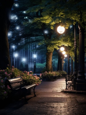 夜晚公园一角的明亮之美