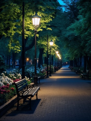 夜晚公园一角的明亮之美