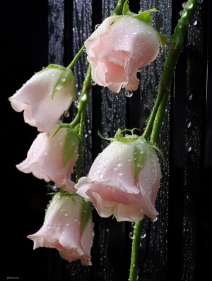 栅栏里的洋桔梗，挂着雨滴，高清清晰