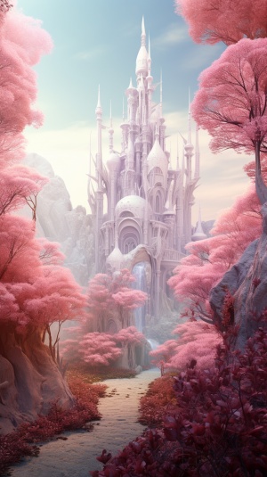 Pink forest and white castle, a hyper - detailed C4D render, spiral ring the composition, Disney，surrealism, surreal concept art, digital painting, complex, aesthetic, smooth, sharp focus, artstation hd, by greg rutkowski, bruce pennington, valentina remenar and asher duran, virtual engine
