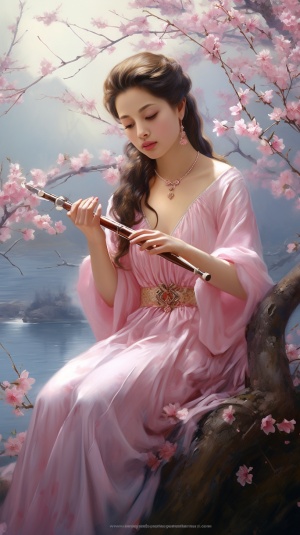 湖边古典美人吹笛，桃花温暖