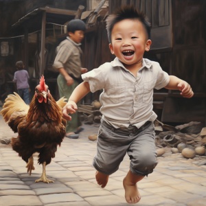 追着鸡跑的中国婴儿男孩：夸张、happycore与工笔艺术