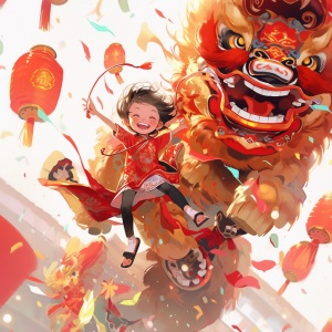 Chinese Boy Jumping Lion: A Vibrant and Detailed 8K Ultra-High Definition Image