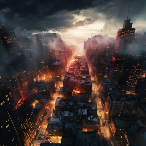 电影摄影风格世界末日城市光影红黑黄蓝的有层次感