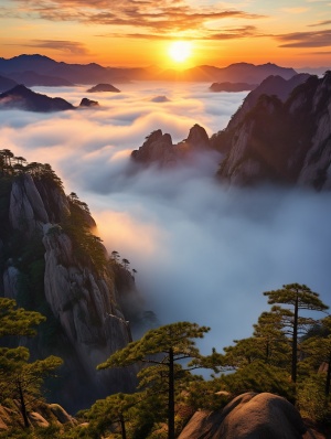 黄山山顶的日出与云雾缭绕