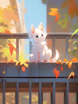 一只小猫坐在栏杆上，在色彩缤纷的动画剧照，精心设计，warmcore，柔软，浪漫的场景，卡通人物，32kuhd，白色和橙色的风格