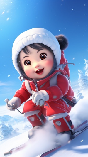 冬季，雪地，萌娃在滑雪，中国华丽汉服，红色头盔，滑雪动态。中国元素。画面清晰，色彩饱满，3D，简约，面部特写，写实，动漫