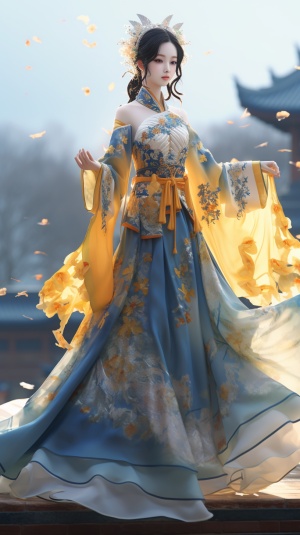 中国汉服和现代短裙设计，3D,青色整体，黄色搭配，超清画质，有星光璀璨