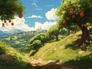 山坡的苹果树挂满了果子，宫崎骏动漫风格