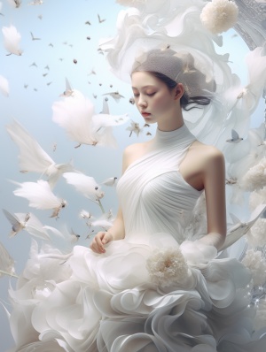 an advertisement for the artist in a white dress with flowers, in the styleof ethereal and dreamlike, asian-inspired, rendered in cinema4d, madeof crystals, avian-themed, meticulous design, soft-focus portraits ar3:4