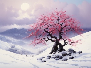 大雪纷飞，天地苍茫，一树红梅雪中绽放。