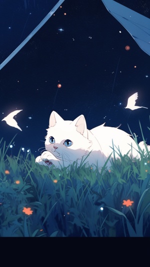 一只纯白色的布偶猫，躺在星空下的草地上，眼睛注视着天空中的星星和流星，旁边有一个鱼缸，鱼缸里有着几条游动的黑色小鱼，背景是深蓝色的星空和浅色的草地，整体风格可爱偏向浪漫和梦幻，手机壁纸