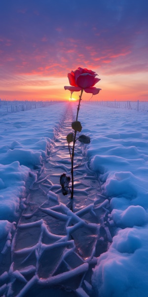 冰蓝色玫瑰路，雪，七彩光，远处有暖光，超现实。