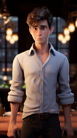 A handsome young man,keep the consistency of action, expression, clothing, shape and appearance of the photos, 3d character from Disney Pixar,super detail,blender soft lighting, ip, blind box, cinematic edge lighting,romanticedge lighting,romantic scenes ar 9：16
