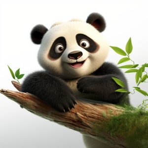 一个可爱的熊猫，毛茸茸，一字开，四肢比较长，梦工厂动画风格，没有背景