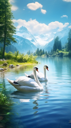 远处是山，近处有树，一群白色家鹅，在河里游泳，8K高清，画面精美