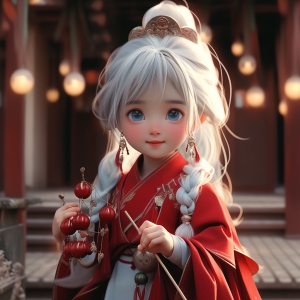 可爱的五岁中国女孩穿红汉服，抬头望天，拥金元宝