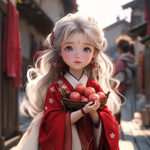 一个五岁的中国女孩穿着红色的汉服，非常可爱，有一头蓬松的银白色丸子头发，且有一双浅蓝色的眼瞳，同时有一张可爱美丽的圆脸。她双手上捧着金元宝，抬头望着天空，自信、迷人、古色古香、街道、CG渲染、CG渲染