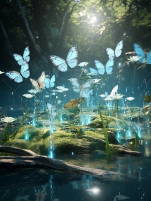 many butterflies float in a forest near a stream, in the style of disturbingly whimsical, light aquamarine and white, photo-realistic techniques, environmental installation artist, rendered in maya, fantastical creatures, environmental awareness ar 3:4
