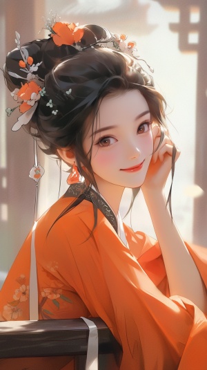 优雅高贵的橘黄色珍珠汉服美女微笑照