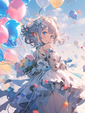 女孩在漂亮的衣服飞来飞去的气球，在animecore的风格，浅银和黑暗的蔚蓝，统一的舞台图像，32k ，五颜六色的服装，全景图