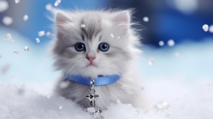 可爱蓝眼布偶猫，呆萌在雪地里戴珍珠项链圣诞装饰