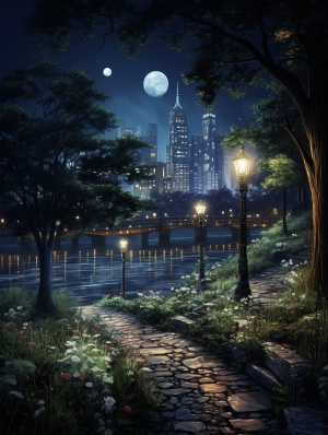 城市夜晚的河边景观