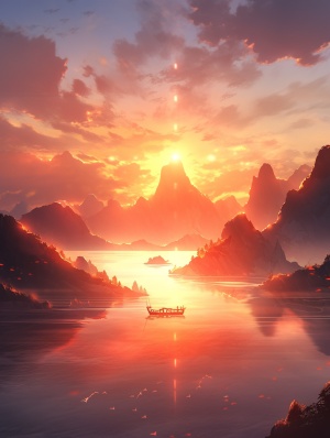 远山，广阔的江面，夕阳西下，红色的夕阳洒在江面上，碧绿的湖水，中国山水画，水墨风，中国插画风，超高清