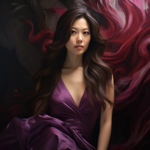 一个亚洲女人，棕色长发和紫色连衣裙，在名人摄影的风格，32k uhd，优雅的现实主义，工笔，彩色，深红色，流畅的线条