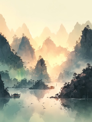 远山江面，夕阳胜景，中国山水画插画超高清