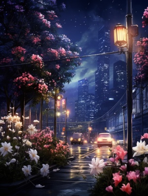 夜晚城市景观：鲜花、灯柱与高楼