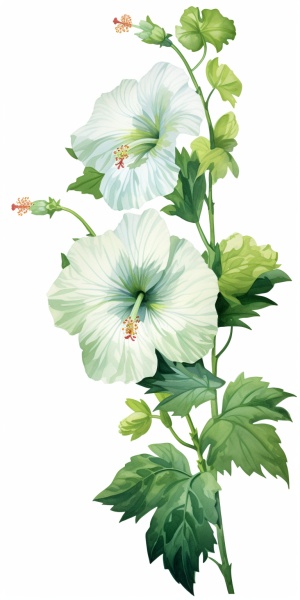花卉，一株木芙蓉，水彩效果，绿叶，不对称构图，不要出现人物和动物，白色背景