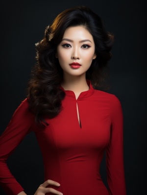 中国女士，饱满的脸，35岁，她的头发造型 紧身红色连衣裙，在深灰色和浅黑色的风格，传统的越南，32k uhd，大胆的曲线，深黄色和浅白色，迷人，majismo，高清晰高分辨，大师风格，全身照