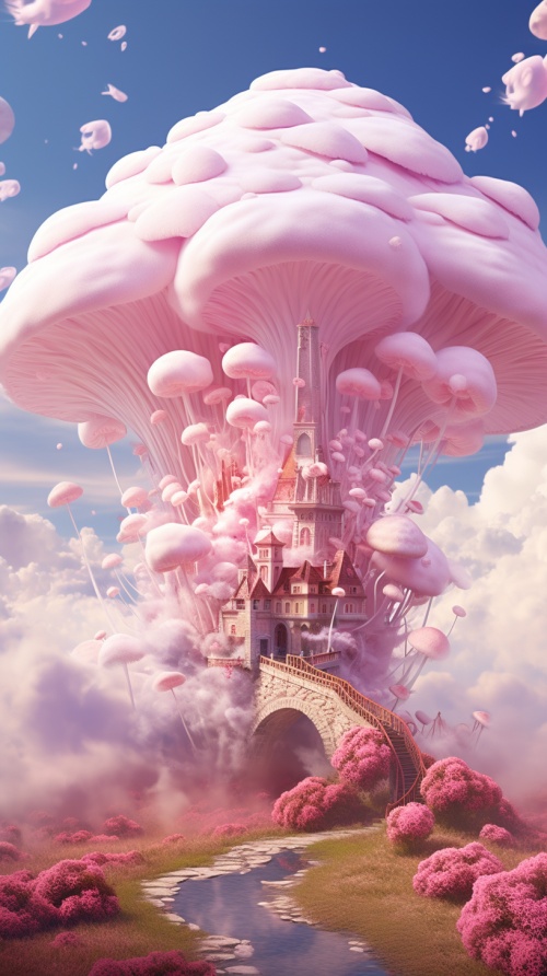 云上的粉色粉彩蘑菇屋，棉花糖云，魔法花，发光，美丽，童话般的艺术风格，立体照明，高度细致，虚幻的3D数字艺术，90年代动画风格，水手月亮