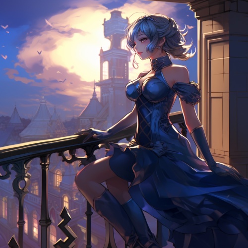 站在阳台上的蓝色眼睛的女性动漫角色，采用深紫色和浅蓝色的风格，阮佳，2d游戏艺术，浅蓝色和深金色，深海蓝宝石和深红色，夜曲