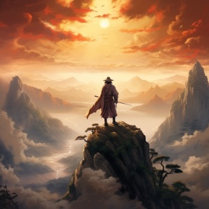 中国山水画中的布衣男子眺望夕阳