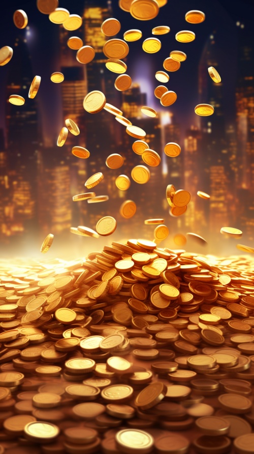 A lot of gold coins fell from above, and The background is blurry. cartoonish, fireworks,