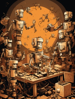 画一副宣传海报 主要画面是木头和金属零件做得各种小机器人 突出原创手作