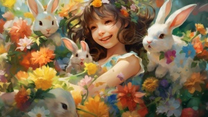 一个女孩，开心的笑，身穿彩色花裙子，全身，在花丛中，和兔子玩耍