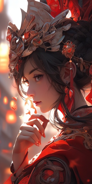 一个穿着中国女人服装的女孩坐在火焰前，虚幻引擎的风格，迷幻漫画，淡白淡红，眨眼就错过的细节，shige的视觉美学风格，淡淡的蔚蓝和红色，宽松而流畅