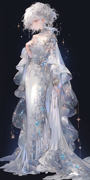巨蟹座女生，优雅，精致，漂亮，身边有宝石，穿着长裙子，背景是白色