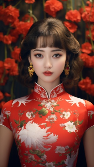 穿中式旗袍的女孩，正看着镜头，旗袍优雅高贵，大红色的旗袍，上面秀着花开牡丹装饰，真实细腻，全身照