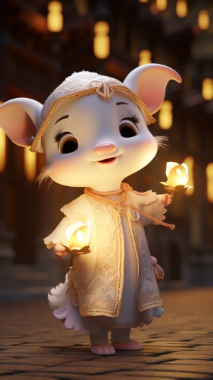 A little white calf in a soft Chinese Tang Dynasty Chinese costume, super cute, cinematic lighting, intricate filigree design, Pixar style, anthropomorphic, holding a pink lantern, big eyes, smile, peach blossom, flow, charming, immortal, fluffy, shiny bristles, ptals, fairy tale, unreal engine 5 and octane rendering, incredibly detailed, 4K, trending in art station, gorgeous, Super wide angle, 4K ar 10:16 test video upbeta upbeta