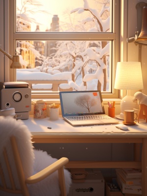 暖色调小房间，书桌椅子电脑，窗外雪景，超高清
